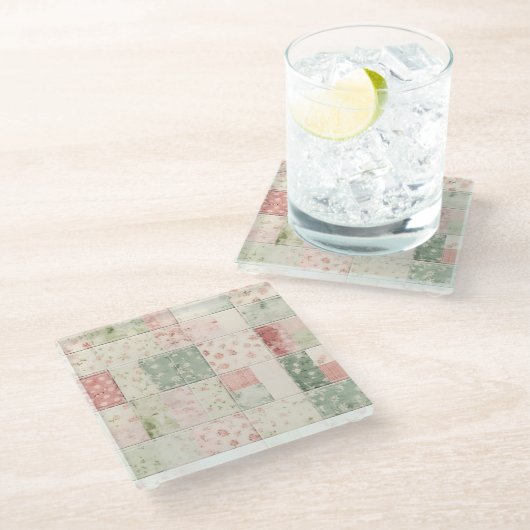 Western Farm Mint Pink Floral Quilt Patterns ガラスコースター (アングル)