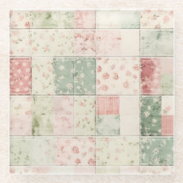 Western Farm Mint Pink Floral Quilt Patterns ガラスコースター