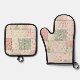 Western Farm Mint Pink Floral Quilt Patterns 鍋つかみ&鍋敷きセット