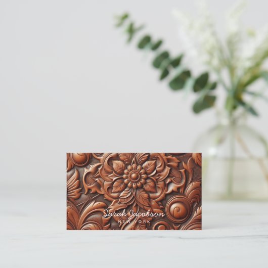 Western Faux Brown Leather Tooled 名刺 (スタンド正面)