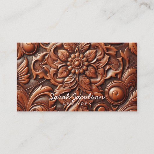 Western Faux Brown Leather Tooled 名刺 (正面)