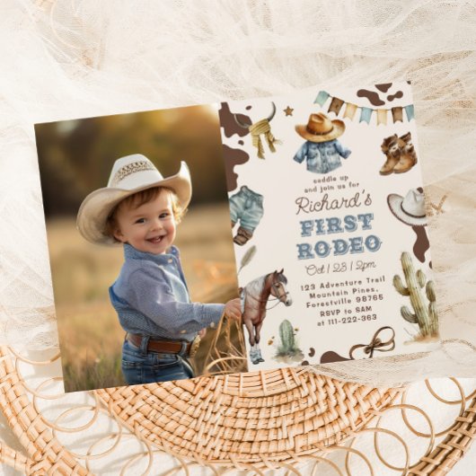 Western First Rodeo Boy 1st birthday photo 招待状