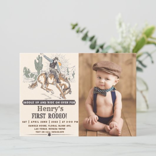 Western First Rodeo Cowboy 1st Birthday写真 招待状 (スタンド正面)