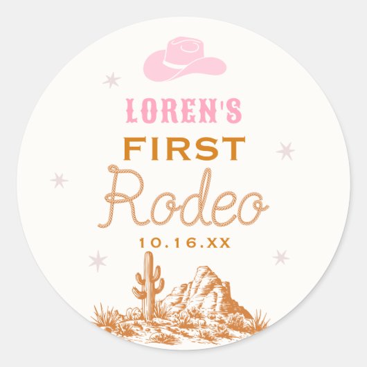 Western First Rodeo Cowgirl 1st Birthday ラウンドシール (正面)