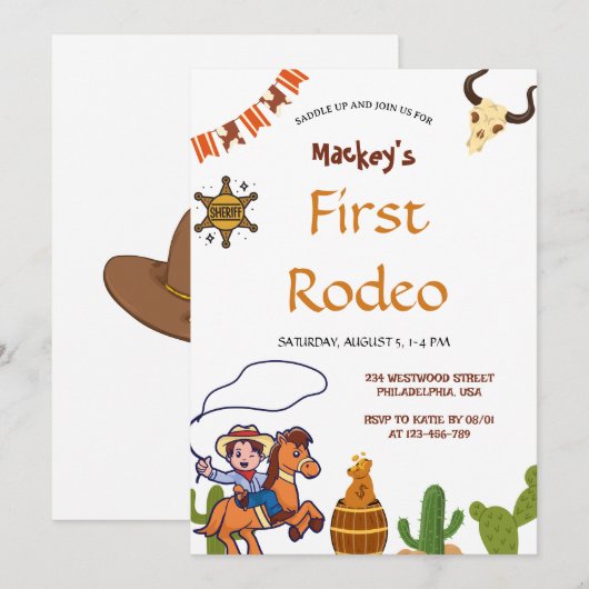 Western First Rodeo Wild West Cowboy Blue Birthday 招待状 (正面/裏面)