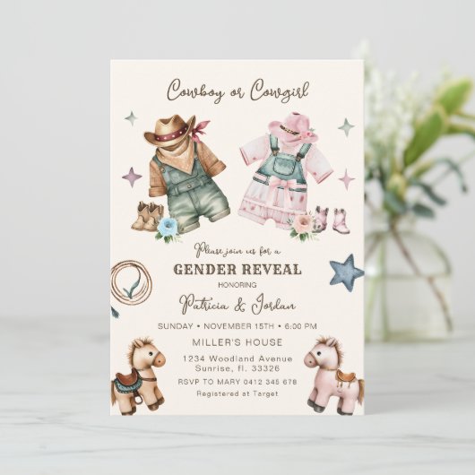 Western Gender Reveal女性のカーボーイまたはカウボーイ 招待状 (スタンド正面)