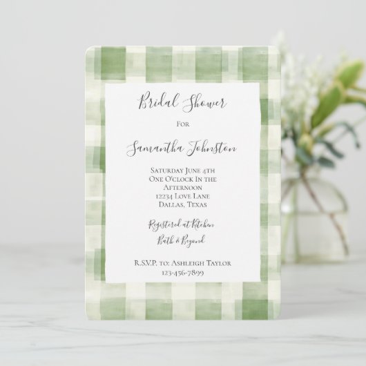 Western Green Cream Plaid Stripes Bridal Shower 招待状 (スタンド正面)