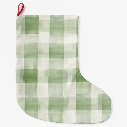 Western Green Cream Plaid Stripes Country ラージクリスマスストッキング (正面)