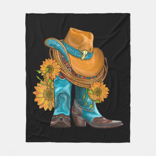 Western Hat And Cowboy Boots With Sunflowers フリースブランケット (正面)