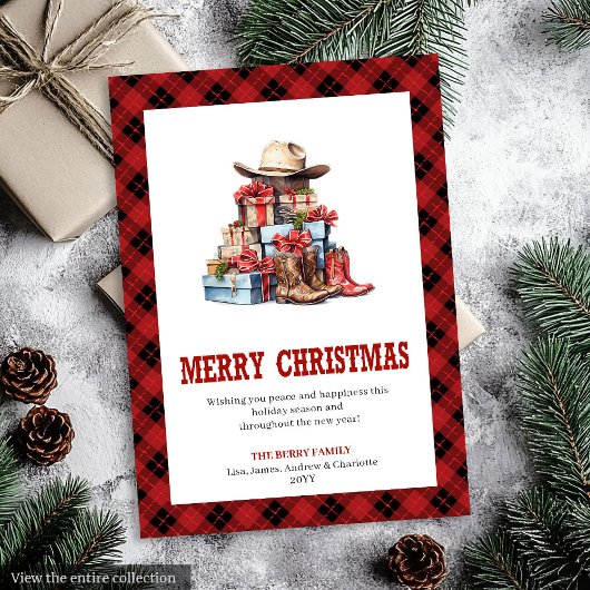 Western holiday card buffalo plaid typography シーズンカード