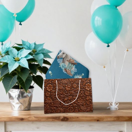 Western Horse Birthday Gift Bag – Tooled Leather ラージペーパーバッグ