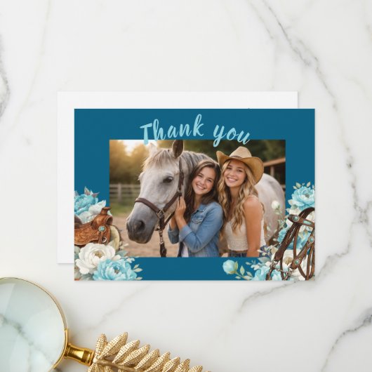 Western Horse Birthday Thank You Card – Navy サンキューカード (正面/裏面インサイチュ)