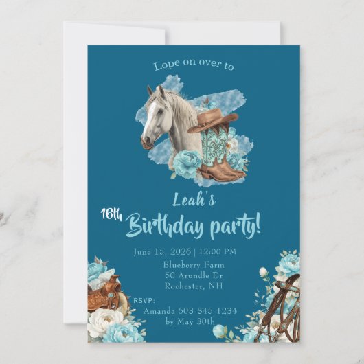 Western Horse Floral Birthday Invitation – Navy 招待状 (正面)