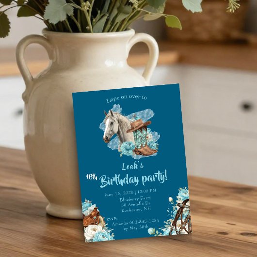 Western Horse Floral Birthday Invitation – Navy 招待状
