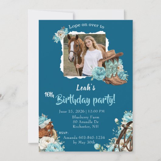 Western Horse Floral Birthday Invitation – Navy 招待状 (正面)