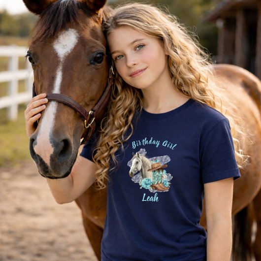 Western Horse Floral Birthday- Navy Tシャツ