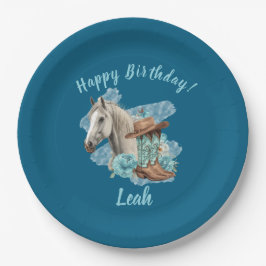 Western Horse Floral Equestrian- Navy ペーパープレート