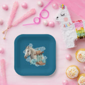 Western Horse Floral Equestrian- Navy Paper Plates ペーパープレート (パーティー)