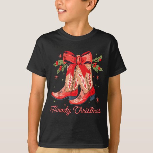 Western Howdy Christmas Cowgirl Boot Coquette Bow  Tシャツ (正面)