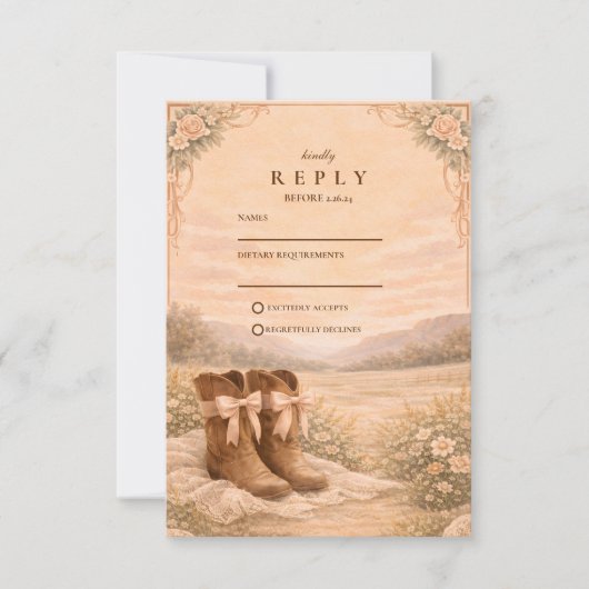 Western Lace Cowboy Boots Wedding 出欠カード (正面)