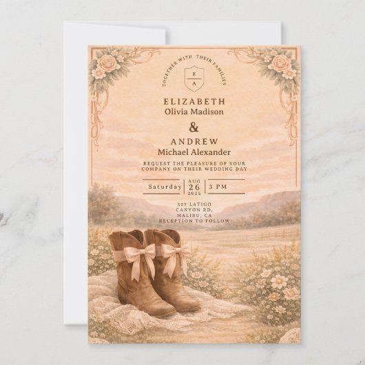 Western Lace Cowboy Boots Wedding 招待状 (正面)