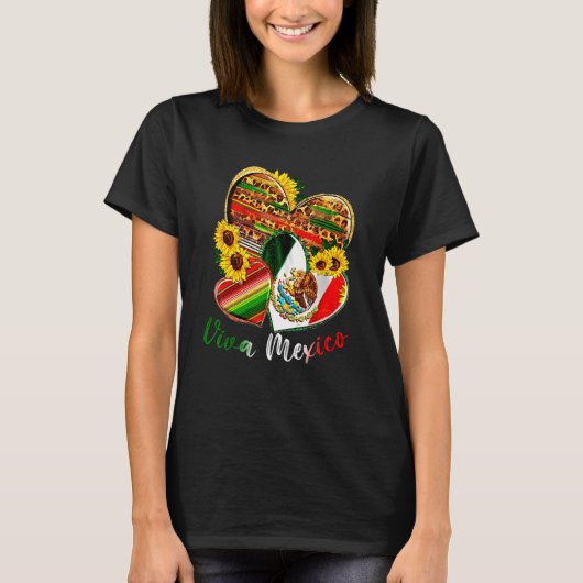 Western Mexico Heart Sunflowers Viva Mexico Flag L Tシャツ (正面)