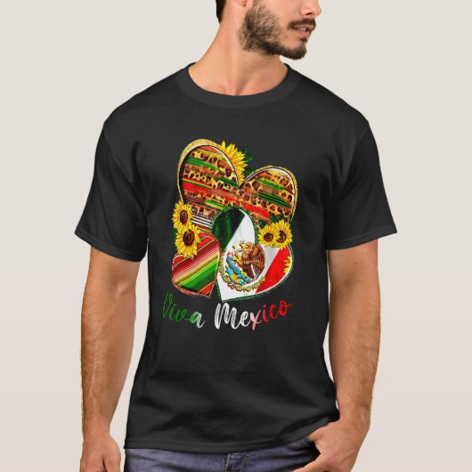 Western Mexico Heart Sunflowers Viva Mexico Flag L Tシャツ (正面)