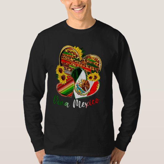 Western Mexico Heart Sunflowers Viva Mexico Flag L Tシャツ (正面)