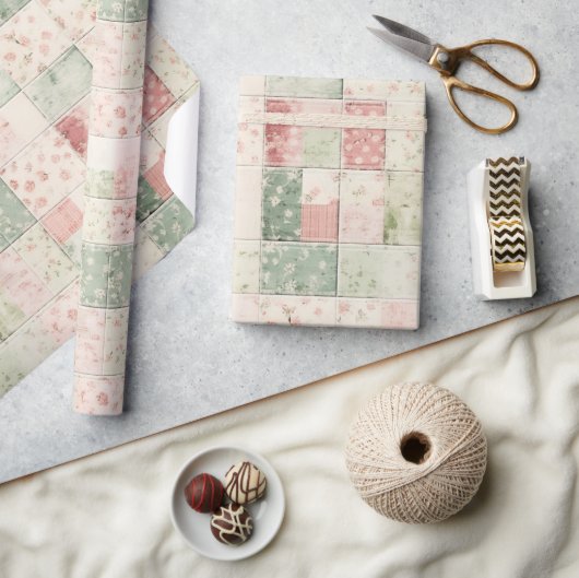 Western Mint Pink Floral Quilt Patterns ラッピングペーパー (クラフト)