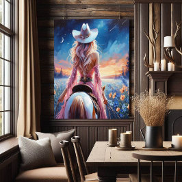 Western Night Cowgirl painted print ポスター