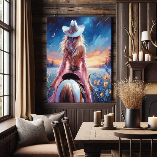Western Night Cowgirl painted print ポスター