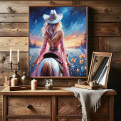 Western Night Cowgirl painted print ポスター