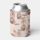 Western Pink Brown Cowgirl Flowers Boots 缶クーラー (缶正面)