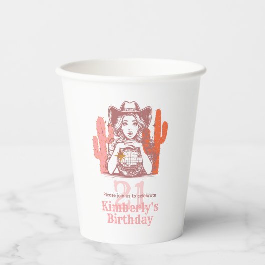 Western Pink Cowgirl Disco 21st Birthday Party 紙コップ (正面)