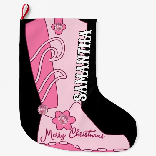 Western Pink Disco Costal Cowgirl Boot Custom Name ラージクリスマスストッキング (正面)