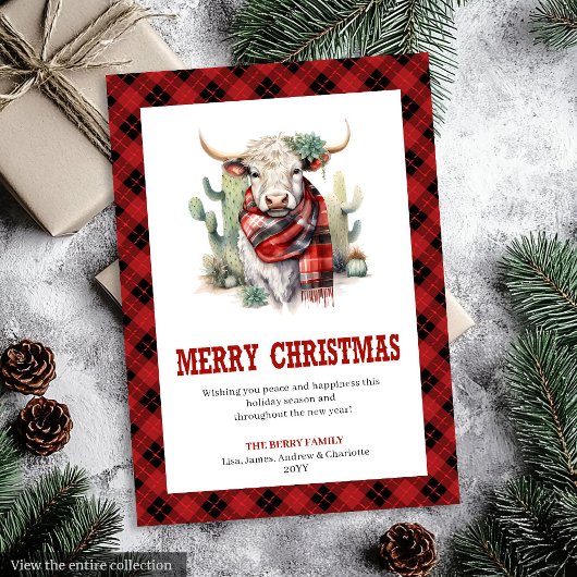 Western Ranch Cow Red Plaid Buffalo Holiday Card シーズンカード