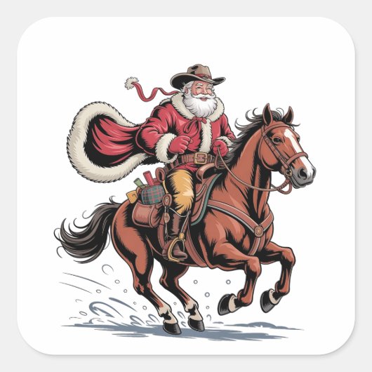 Western Riding Rodeo Horse Cowboy Santa Christmas スクエアシール (正面)