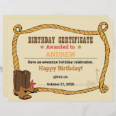 Western Rodeoをテーマにしたパーティー1st Rodeo証明書 (正面/裏面)