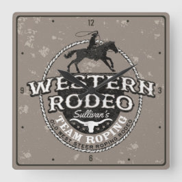 Western Rodeo ADD NAME Old West Steer Roping  スクエア壁時計