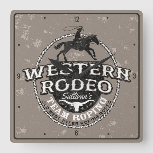 Western Rodeo ADD NAME Old West Steer Roping  スクエア壁時計 (正面)