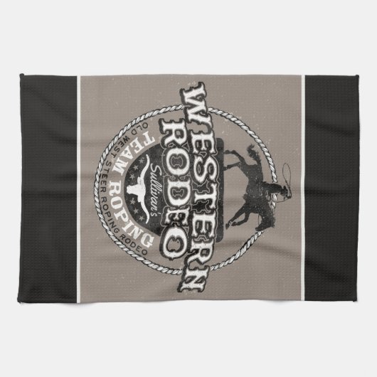 Western Rodeo ADD NAME Old West Steer Roping Roper キッチンタオル (横)
