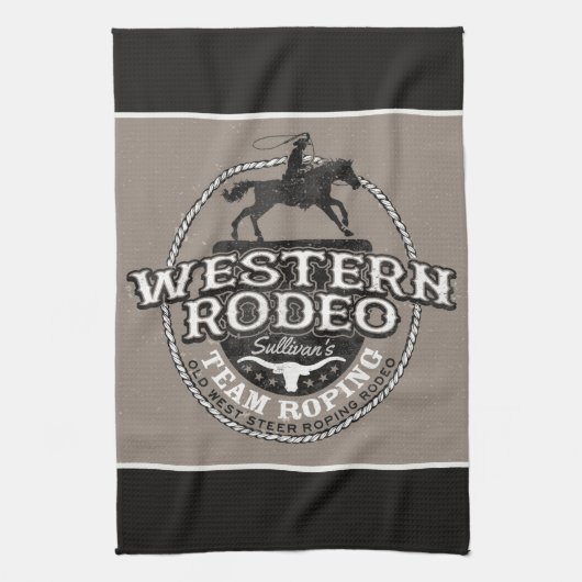 Western Rodeo ADD NAME Old West Steer Roping Roper キッチンタオル (縦)