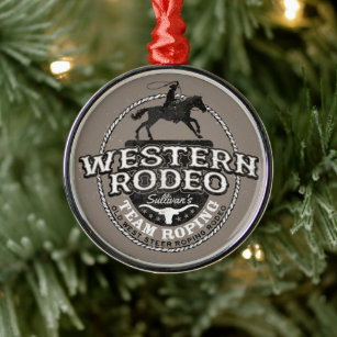 Western Rodeo ADD NAME Old West Steer Roping Roper メタルオーナメント
