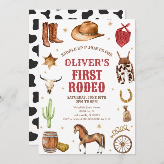 Western Rodeo Cowboy First Rodeo 1st Birthday 招待状 (正面/裏面)
