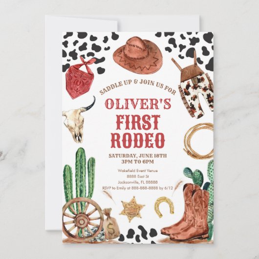 Western Rodeo Cowboy First Rodeo 1st Birthday 招待状 (正面)