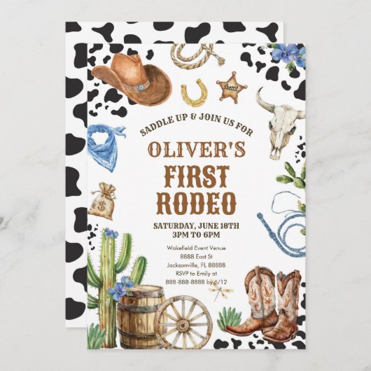 Western Rodeo Cowboy First Rodeo 1st Birthday 招待状 (正面/裏面)