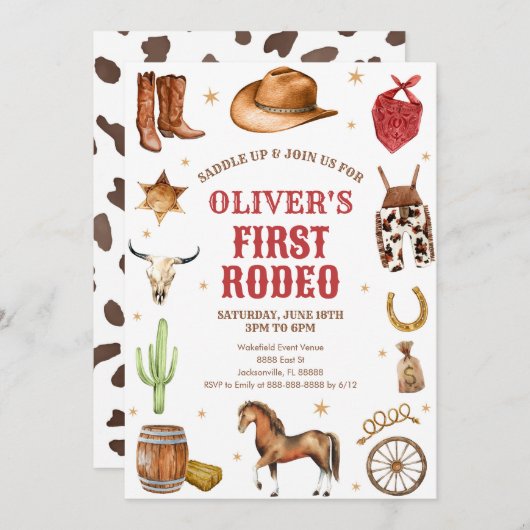 Western Rodeo Cowboy First Rodeo 1st Birthday 招待状 (正面/裏面)