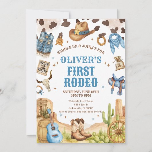 Western Rodeo Cowboy First Rodeo 1st Birthday 招待状 (正面)