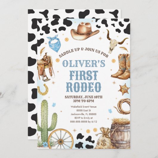Western Rodeo Cowboy First Rodeo 1st Birthday 招待状 (正面/裏面)