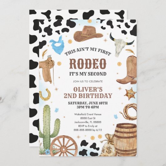 Western Rodeo Cowboy Second Rodeo 2nd Birthday 招待状 (正面/裏面)